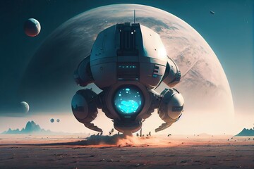 Obraz na płótnie Canvas Alien War in the Fictional Universe: A Futuristic Spaceship Hovering Over a Planet. Generative AI