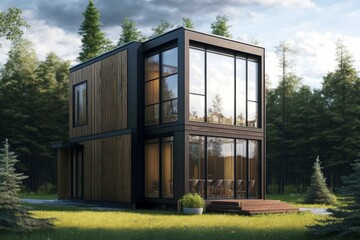 Small Modern Rectangular House In Forest. AI Generated. 3D Illustration.