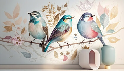 happy funny living room wallpaper design with bird on a branch, generative ai