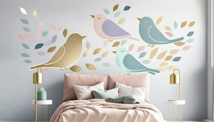 happy funny living room wallpaper design with bird on a branch, generative ai
