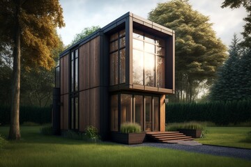Small Modern House In Forest. AI Generated. 3D Illustration.