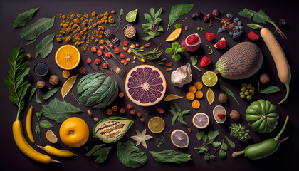 An assortment of fruits and vegetables arranged on black background. Generative AI.