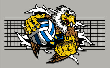 eagle mascot holding volleyball for school, college or league sports