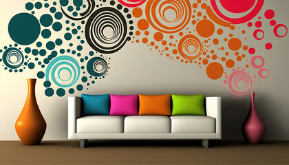 modern living room interior with sofa, colorful abstract wallpaper wall art design, generative ai