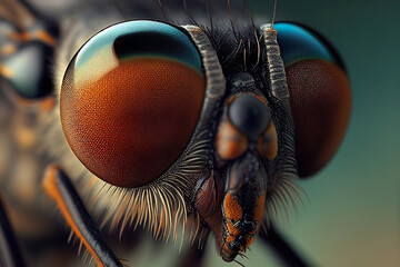 Extreme close up of fly face and head with small sharp and details. Generative AI.