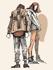 Fototapeta na wymiar Line drawing of a boy and a girl. Fashion models. Designer clothes. Vector illustration of teenagers. Stylish look
