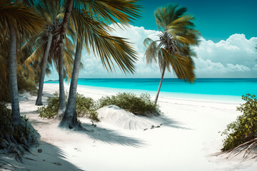 An image of tropical beach with palm trees. Generative AI.