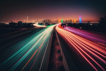 Traffic neon colorful light lamp long exposure city photography fast Made with Generative AI