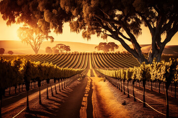 An image of vineyard at sunset. Generative AI.