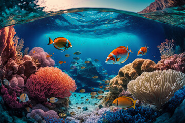 An underwater view of coral reef with fish. Generative AI.