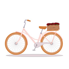 Vector illustration of a pink bicycle with a flower basket. The illustration is perfect for greeting cards, spring designs and more.
