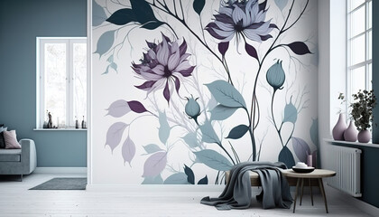 wallpaper design, floral background with flowers, calm cool lights, generative ai