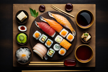 Sushi and chopsticks are arranged on wooden board. Generative AI.