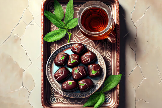 Healthy Traditional moroccan mint tea with dates on a vintage tray. White stone background. Generative Ai