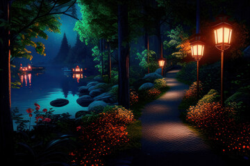 Path at night in the forest created with Generative AI technology