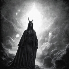 Demon in a dark cloak against the background of a flash of light