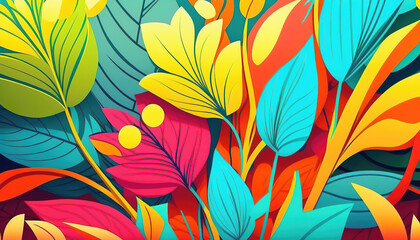 Fototapeta na wymiar abstract wallpaper design, floral leaf background with flowers, fresh vivid spring colorful colors, generative ai