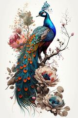 watercolor peacock on a branch with flowers, white background, generative AI  finalized in Photoshop by me 