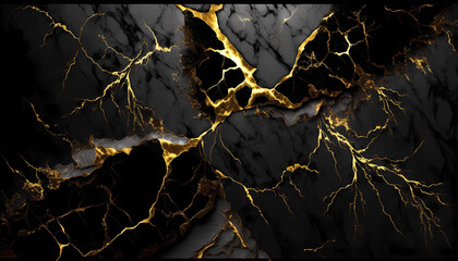 A 3D representation of a natural black marble stone with a rough surface, featuring golden cracks running throughout.