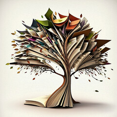 albero stilizzato fatto di foglie di libri, concetto di cultura e natura, letteratura, crescita formativa, illustrazione creata con intelligenza artificiale