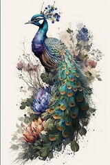 watercolor peacock on a branch with flowers, white background, generative AI  finalized in Photoshop by me 