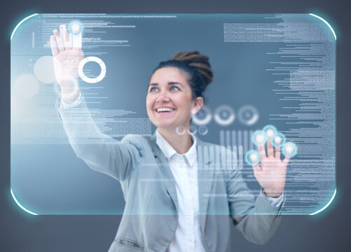 Woman, hands and 3D hologram of dashboard in digital transformation, analytics or data research. Female employee busy on futuristic technology, UI or holographic display for analysis or statistics