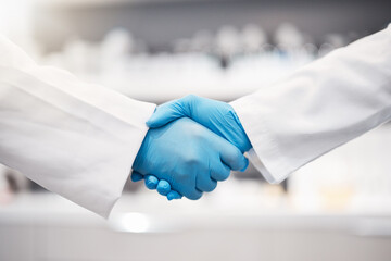 Doctor, handshake and gloves for healthcare, partnership or trust for collaboration, unity or lab...