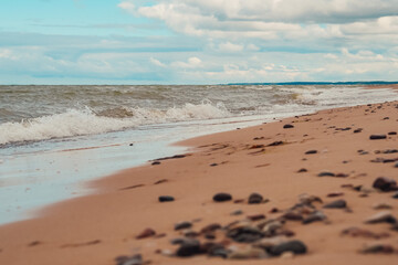 Landscape of Latvian natural scenery, Baltic Sea and sandy beach, steep banks