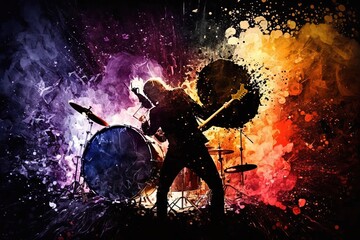 Explosive Action Painting with Drummer and Guitarist - Vibrant Canvas Image