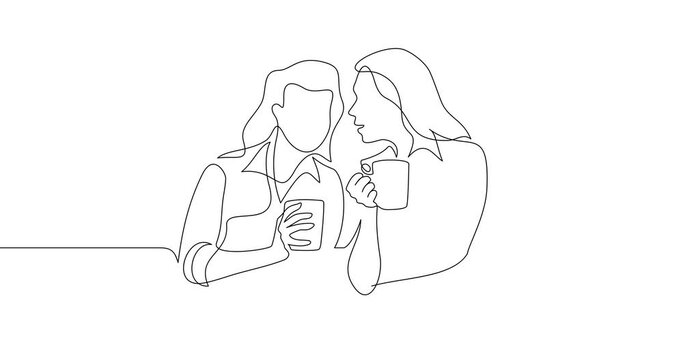 Animation of an image drawn with a continuous line. Gossip girls with cups.