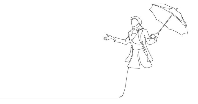 Animation of an image drawn with a continuous line. Girl with umbrella.