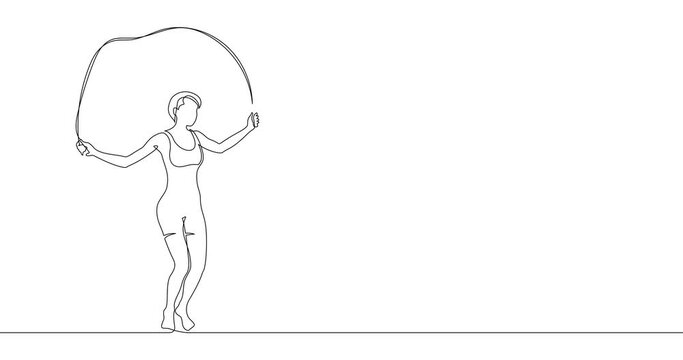 Animation of an image drawn with a continuous line. Girl jumping with skipping rope.