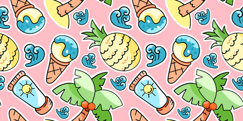 Summer pattern, vacation, vector seamless pattern in the style of doodles, hand draw