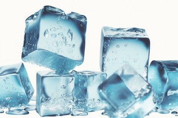 Obraz premium Heap of ice cubes, pile of transparent crystal freeze blocks using for freshness of drink, juice, cocktail or water in glass, group of iced pieces of square form. Generative AI illustration.