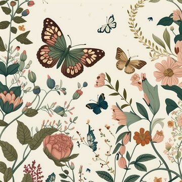 Beautiful vines flower with butterflies in vintage art style. Beautiful butterfly. Vintage art with digital art traditional style. Generative AI. 