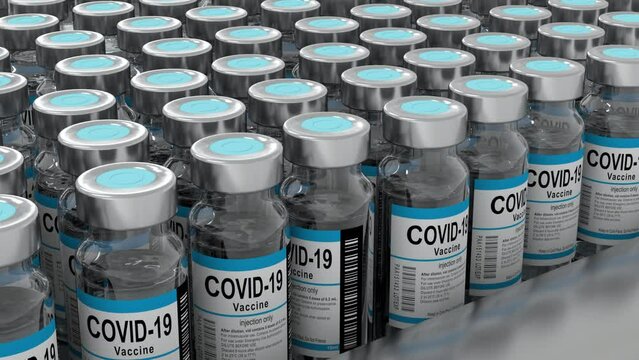 SARS-COV-2 COVID-19 Coronavirus Vaccine Mass Production in Laboratory, Bottles with Branded Labels Move on Pharmaceutical Conveyor Belt in Research Lab. 