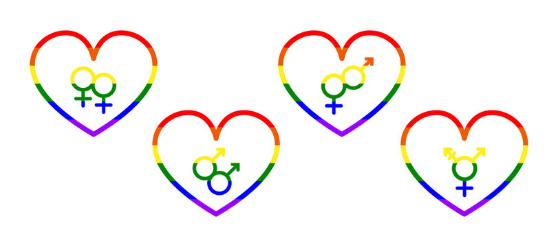 LGBT symbols, Pride, Freedom hearts in rainbow colors, Mirror of Venus and Mars arrow, love cards background, art