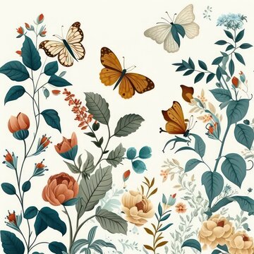 Beautiful vines flower with butterflies in vintage art style. Beautiful butterfly. Generative AI.