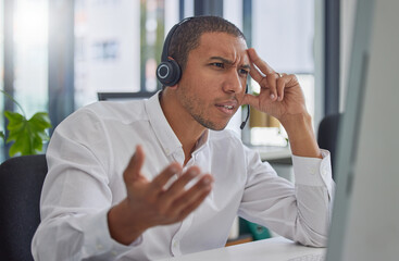 Confused, stress or frustrated black man in call center angry with 404 error at customer services...