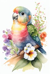 Cute parrot watercolor illustration with flowers, Generative AI