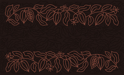 Chocolate candy box horizontal background. Beans and branches leaves. Vector editable outline stroke.