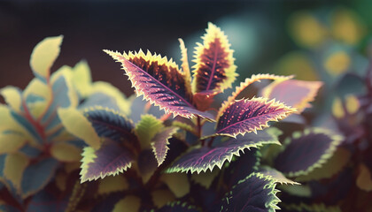 Fototapeta premium Red and green leaves of the coleus plant, Plectranthus scutellarioides. on a green background on a summer day macro photography. 