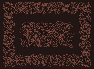 Chocolate candy box background. Square frame. Cocoa pack design. Beans and leaves. Editable outline stroke. Vector line.