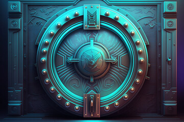 High security vault door background. Security tresure bunker concept art. Digital illustration of futuristic vault door.