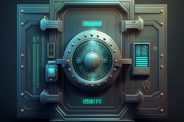 High security vault door background. Security tresure bunker concept art. Digital illustration of futuristic vault door.