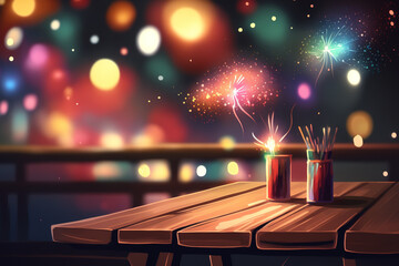 a picture of a wooden table with a background of blurred fireworks. Generative AI