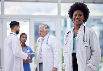 Black woman, portrait or doctor in clinic leadership, about us or medical collaboration for...