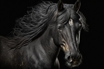 Obraz na płótnie Canvas Portrait of a stunning black horse against a black backdrop. Generative AI