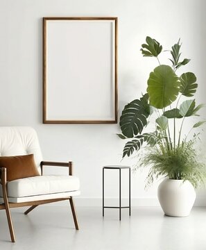 White living room design. View of modern scandinavian style interior with artwork mock up on wall