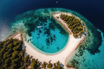 Bol, on the Croatian island of Hvar. Aerial panorama of the Zlatni Rat peninsula. Observing the beach and ocean from above. Location with a lot of notoriety in Croatia. Drone shot ocean scene in the s - obrazy, fototapety, plakaty